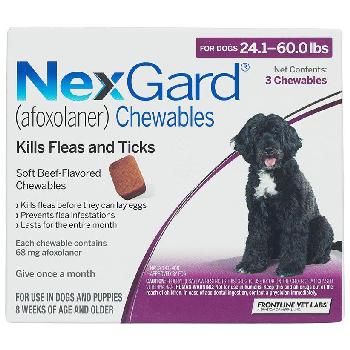 NexGard Chewable Tablets for Dogs, 24.1-60 lbs, 3 treatments, 68 mg Afoxolaner