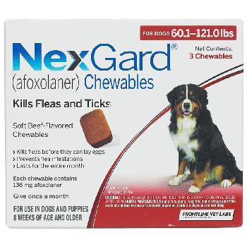 NexGard Chewable Tablets for Dogs, 60.1-121 lbs, 3 treatments, 136 mg Afoxolaner