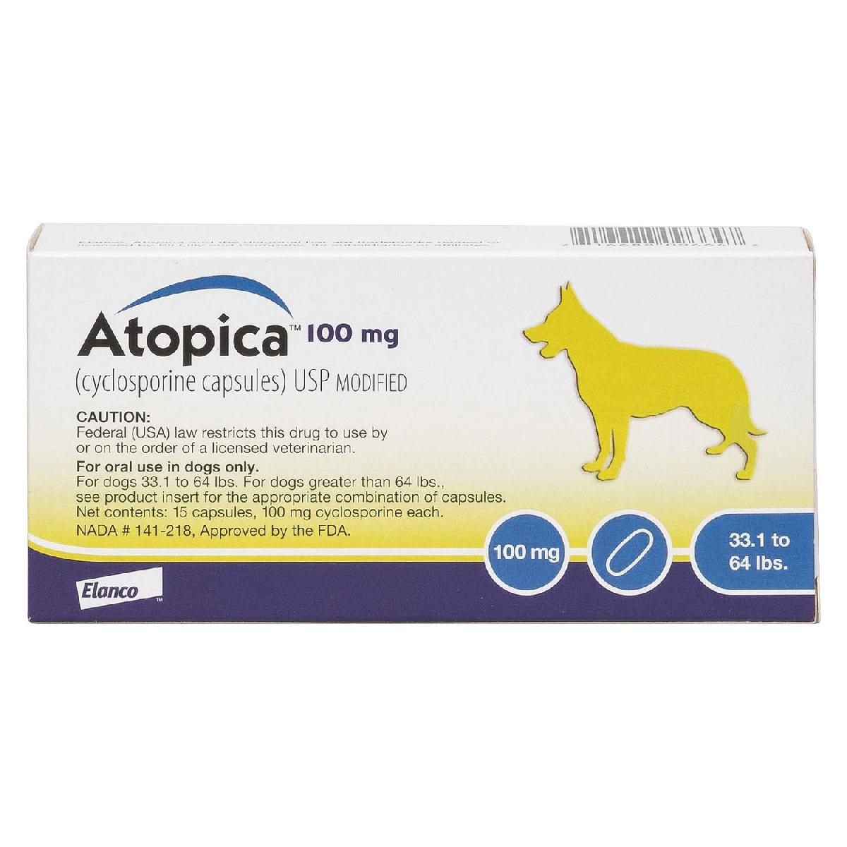 Atopica (cyclosporine capsules) for Dogs 3364 pounds, 100 mg, 15 count