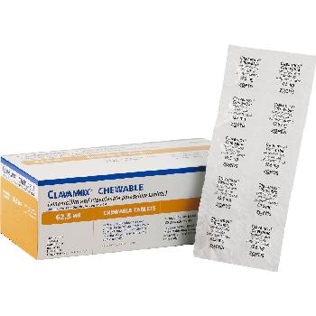 Clavamox (amoxicillin trihydrate/clavulanate potassium) Chewable Tablets for Dogs & Cats, 62.5 mg, 10 tablets