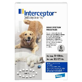 Interceptor Tablets for Dogs 51-100 lbs & Cats 12.1-25 lbs, 6 treatments, 23 mg Milbemycin Oxime