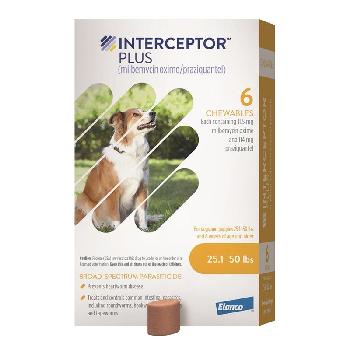 Interceptor Plus Chewable for Dogs (milbemycin oxime/praziquantel), Yellow 25.1-50 lbs, 6 chewables